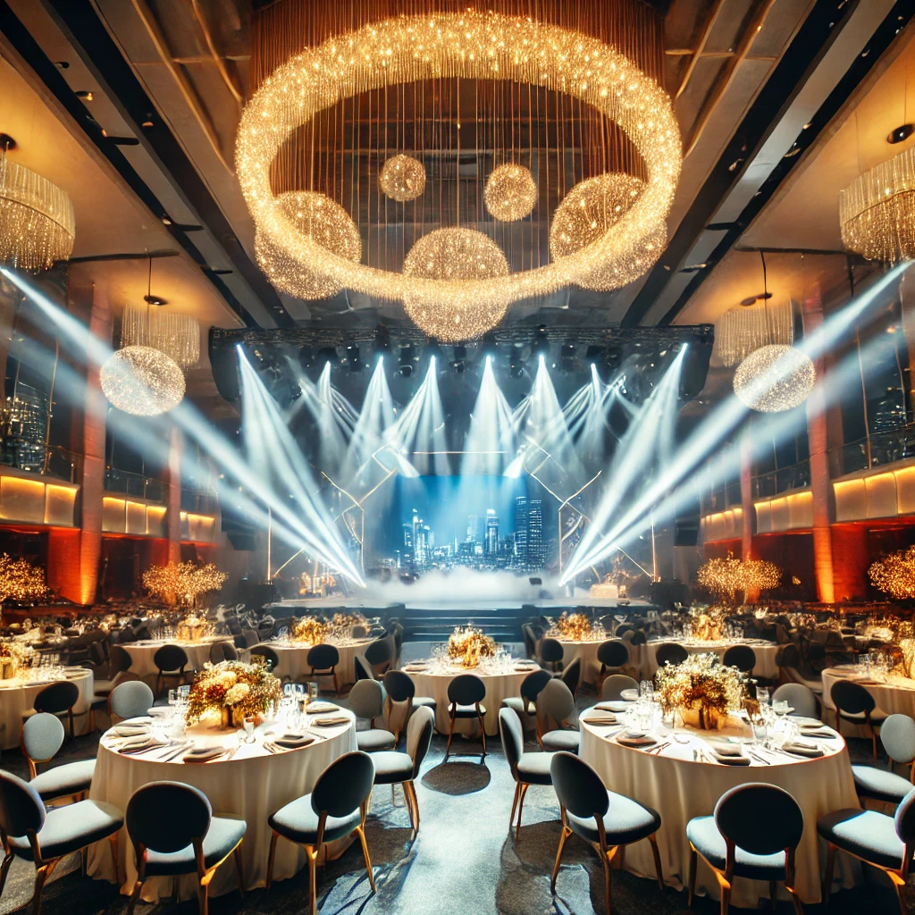 Beautifully decorated corporate event setup in Bangalore with lighting, seating arrangements, and stage.