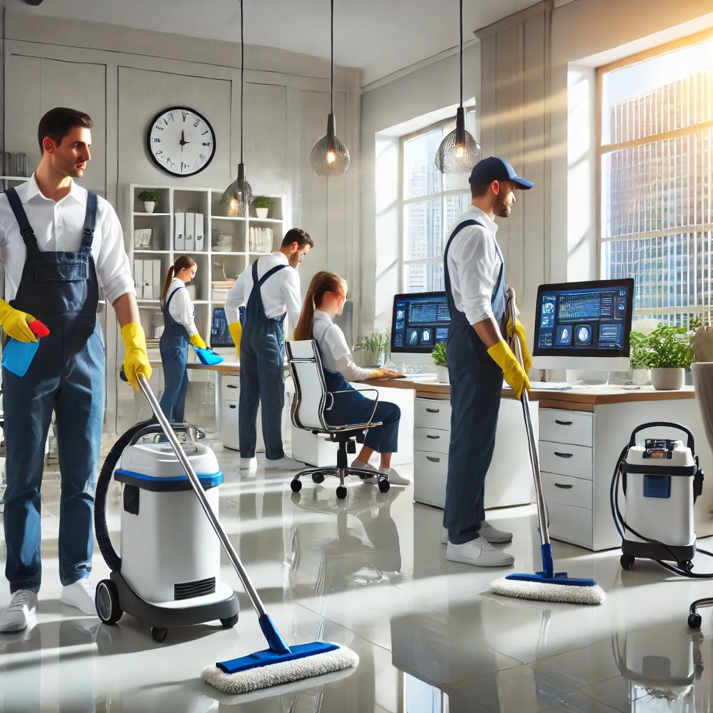 Team of professional cleaners in uniforms performing deep cleaning in Bangalore commercial spaces.