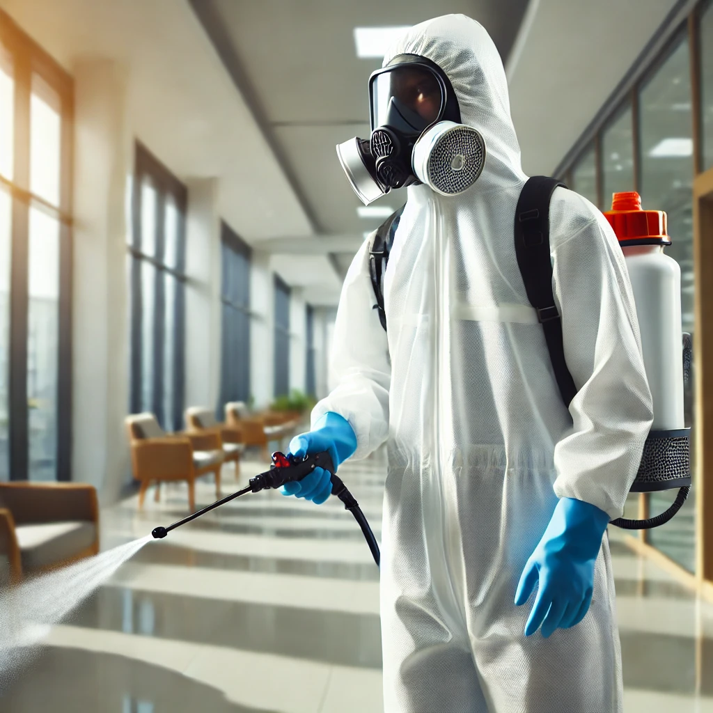 Pest control worker in Bangalore spraying disinfectant in residential and office areas.