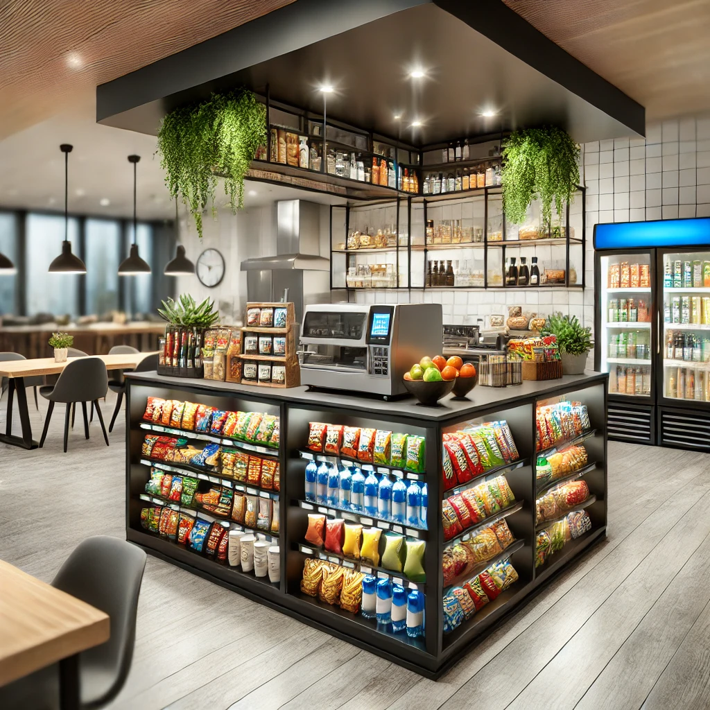 Modern cafeteria in Bangalore with a tuck shop displaying fresh food, snacks, and beverages.